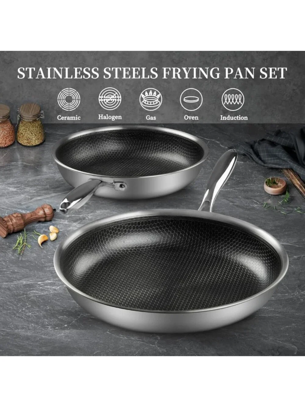 Non-Stick Stainless Steel Frying Pan Set with Lid | Honeycomb Coating